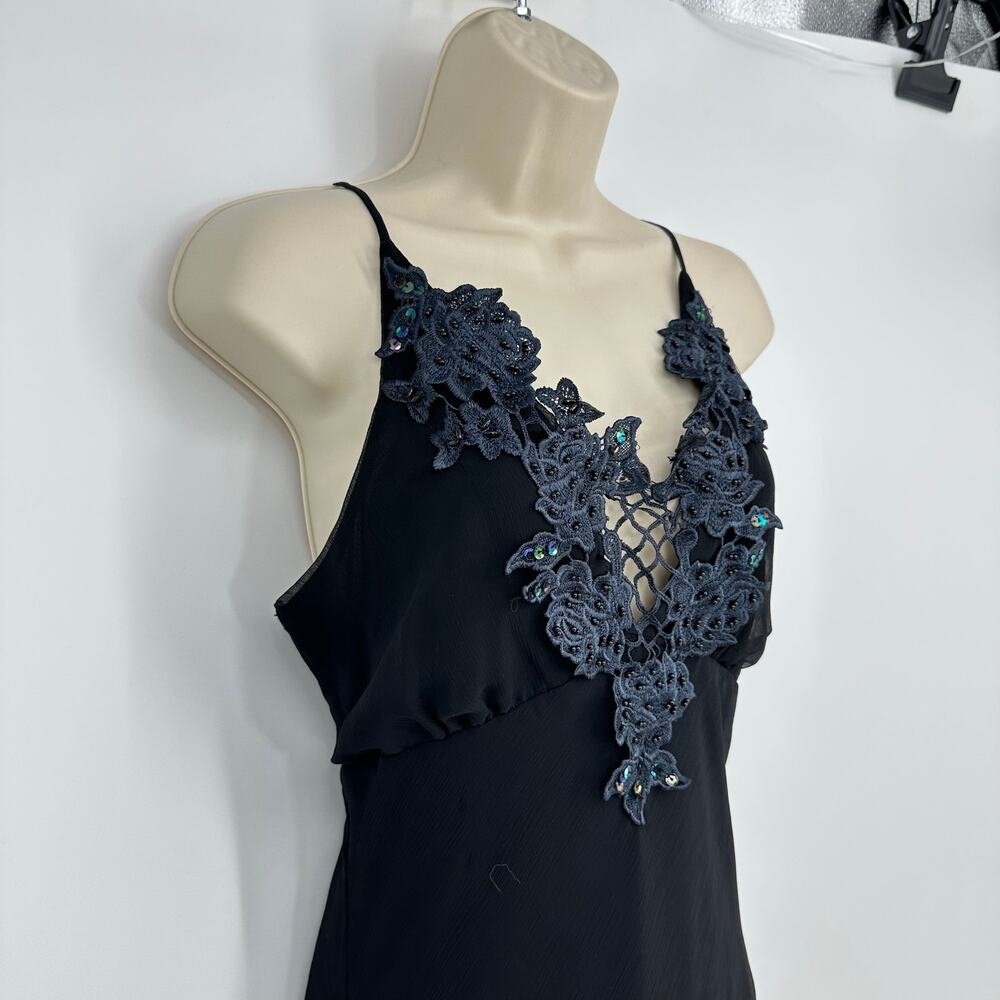 Vintage Y2K Black Cami Asymmetrical Slip Dress S Beaded Fairy Goth Whimsigoth - Picture 6 of 13